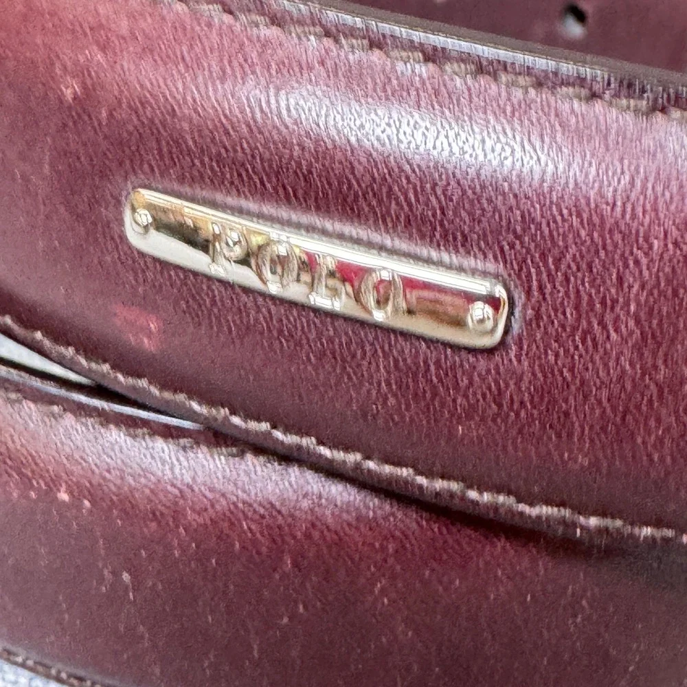 Polo Ralph Lauren Mens Burgundy Italian Leather Belt Size 36 Silver Logo Plaque